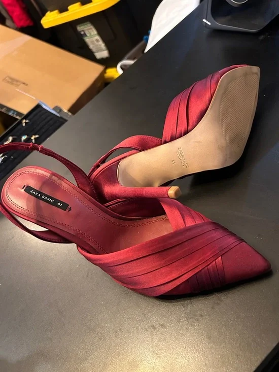 Zara Wine Red Satin Pointed Slingback Heels - Picture 4 of 6
